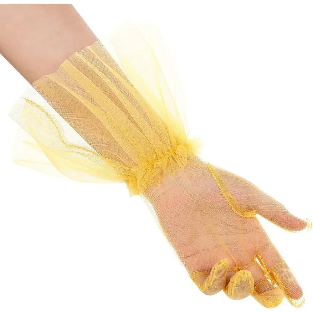 Women's Puffy Ruffle Yellow Tulle Sheer Mesh Party Prom One Size Short Gloves